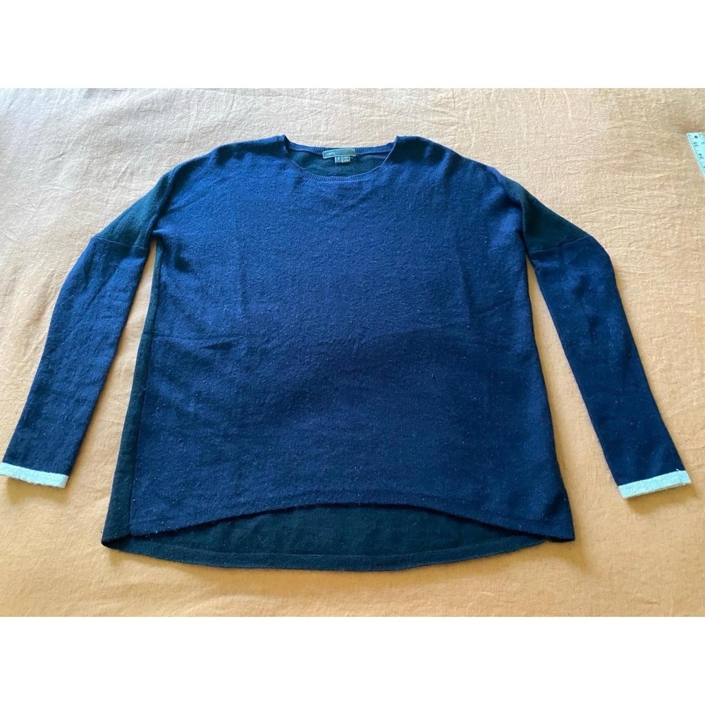 Vince Cashmere Sweater Blue Black Gray Sleeve Trim Long High Low Hem s62